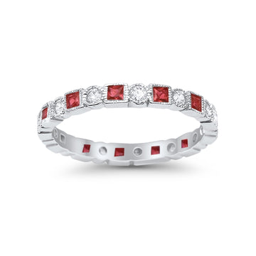 Bezel Set Eternity Ring Alternating Simulated Garnet CZ 925 Sterling Silver